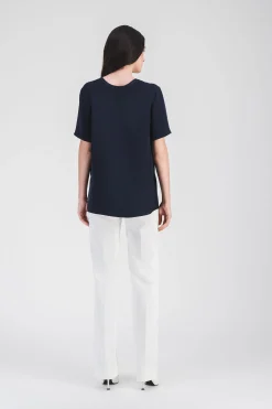 Blouse en soie marine à manches courtes