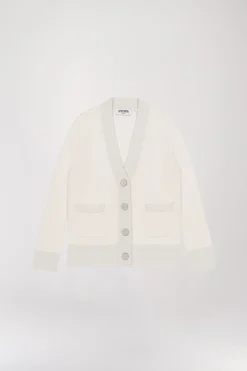 Cardigan Blanc Cassé à Bord Côtelé