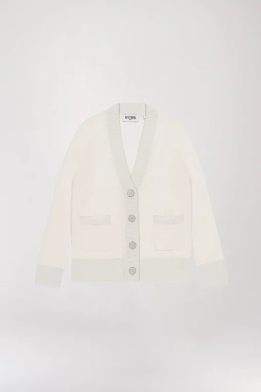 Cardigan Blanc Cassé à Bord Côtelé