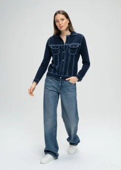 Cardigan en maille effet denim marine