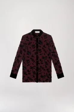 Chemise bi-matière en velours dévoré grenat