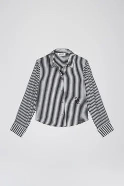 Chemise courte rayée en habotai de soie marine