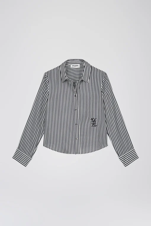 Chemise courte rayée en habotai de soie marine