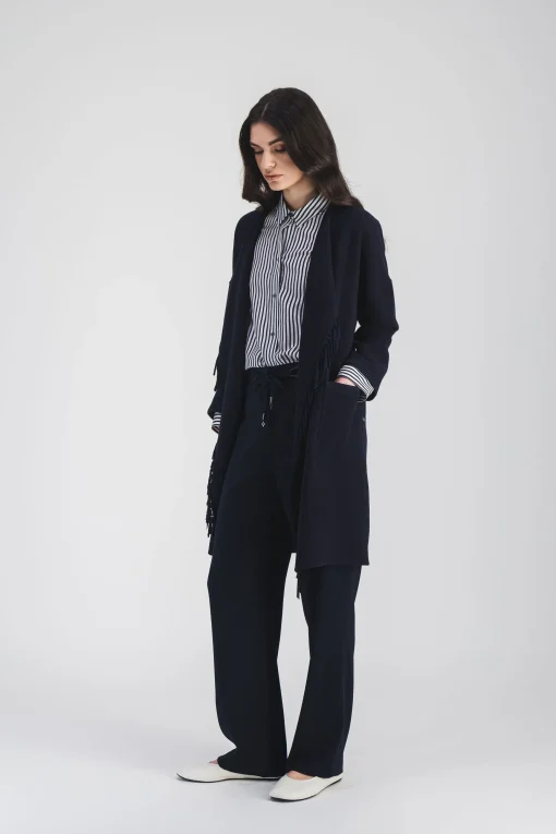 Chemise courte rayée en habotai de soie marine