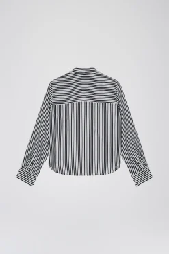 Chemise courte rayée en habotai de soie marine
