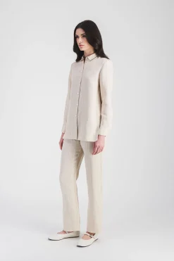 Chemise droit lin beige à rayures