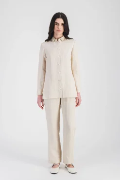 Chemise droit lin beige à rayures