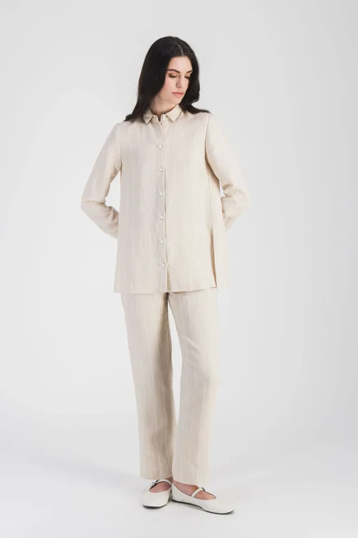 Chemise droit lin beige à rayures