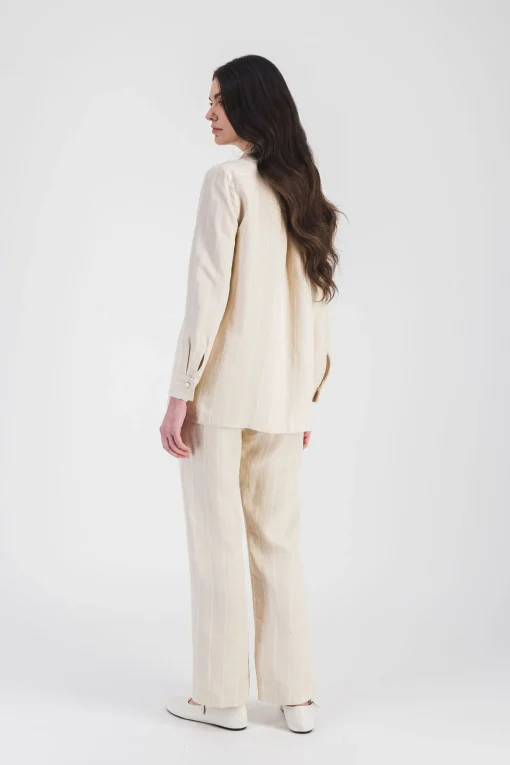 Chemise droit lin beige à rayures