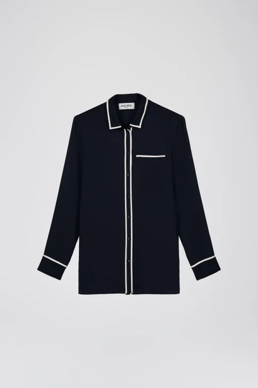 Chemise droite en satin contrasté marine