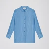 Chemise rayée en habotai de soie bleu denim