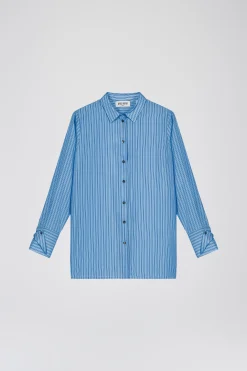 Chemise rayée en habotai de soie bleu denim