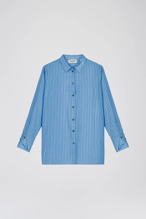 Chemise rayée en habotai de soie bleu denim