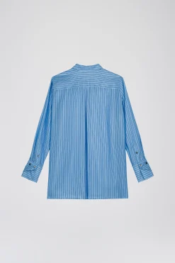 Chemise rayée en habotai de soie bleu denim