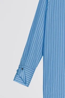 Chemise rayée en habotai de soie bleu denim