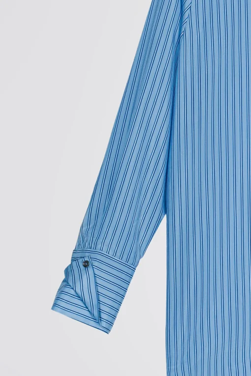 Chemise rayée en habotai de soie bleu denim