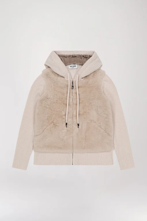 Gilet à capuche à fourrure béton