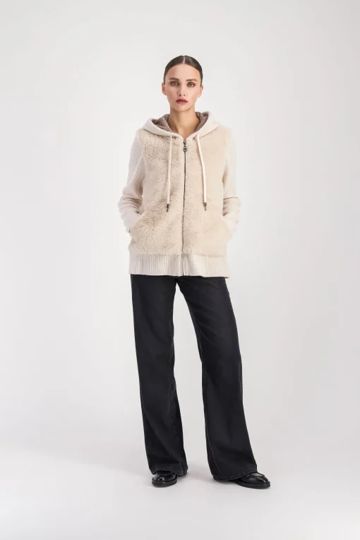 Gilet à capuche à fourrure béton