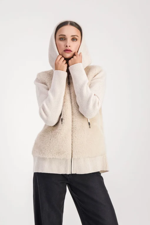 Gilet à capuche à fourrure béton