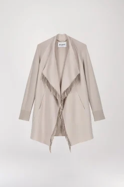 Manteau bi matière avec col drapé et frange en daim