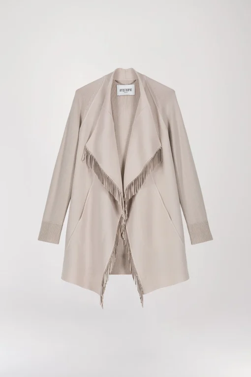 Manteau bi matière avec col drapé et frange en daim