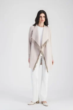 Manteau bi matière avec col drapé et frange en daim