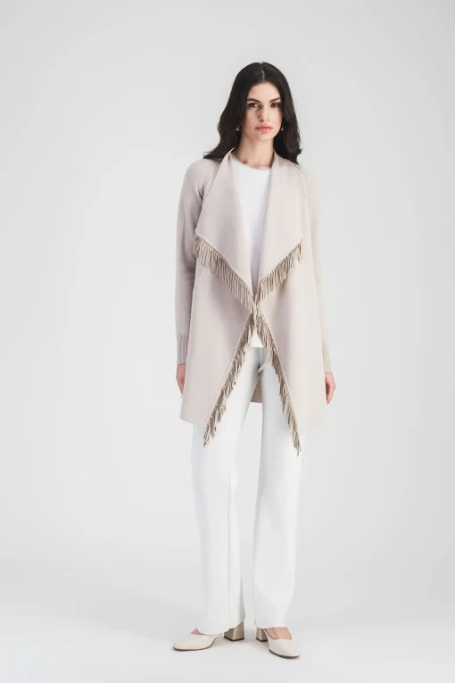 Manteau bi matière avec col drapé et frange en daim