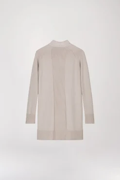 Manteau bi matière avec col drapé et frange en daim