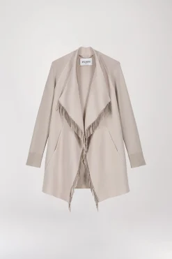 Manteau bi-matière en maille à franges béton