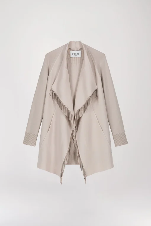 Manteau bi-matière en maille à franges béton