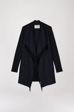 Manteau bi-matière en maille à franges marine