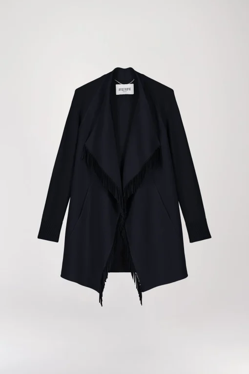 Manteau bi-matière en maille à franges marine
