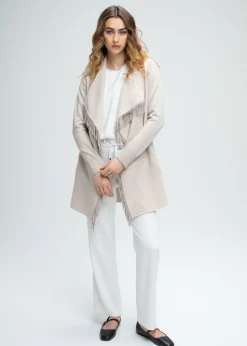 Manteau bi-matière en maille à franges béton