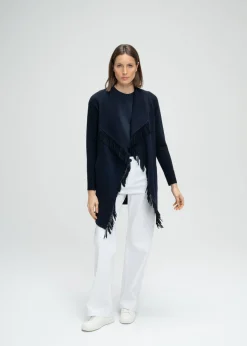 Manteau bi-matière en maille à franges marine