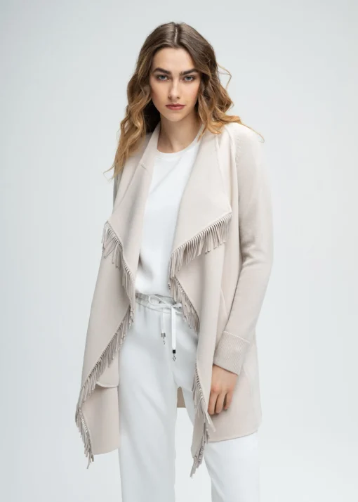 Manteau bi-matière en maille à franges béton
