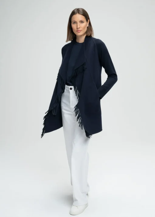 Manteau bi-matière en maille à franges marine