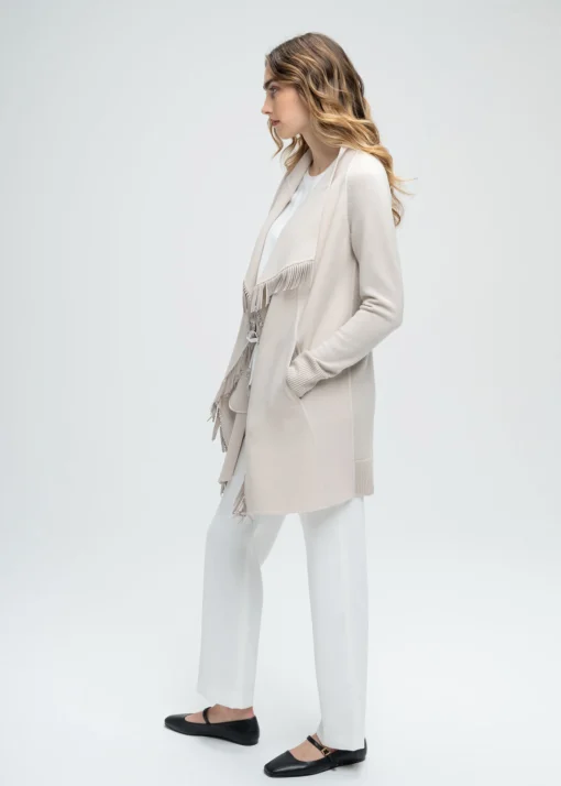 Manteau bi-matière en maille à franges béton