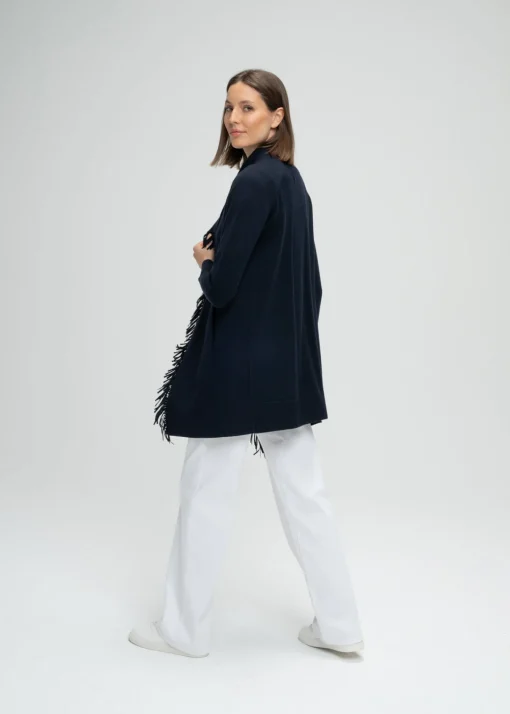 Manteau bi-matière en maille à franges marine