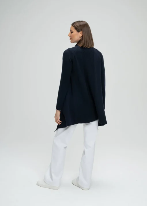 Manteau bi-matière en maille à franges marine