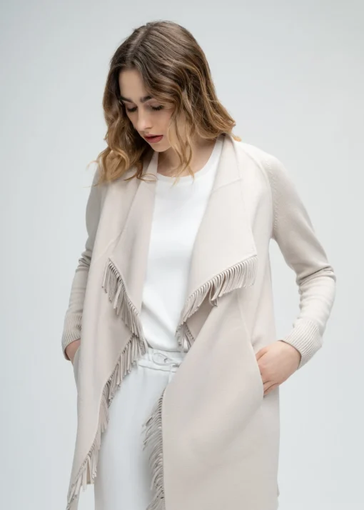 Manteau bi-matière en maille à franges béton