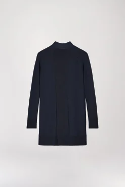Manteau bi-matière en maille à franges marine