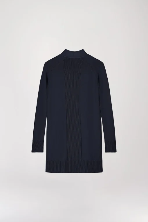 Manteau bi-matière en maille à franges marine