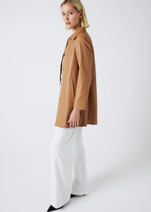 Manteau chemise en cuir camel