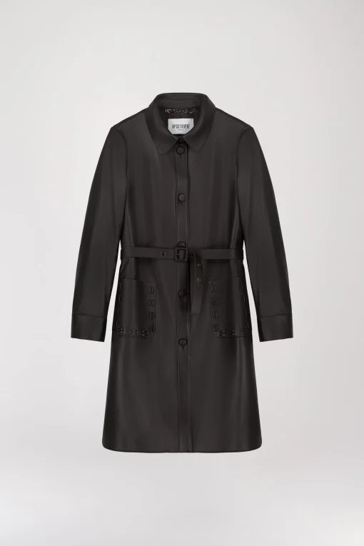 Manteau chemise mi-long en cuir ebene