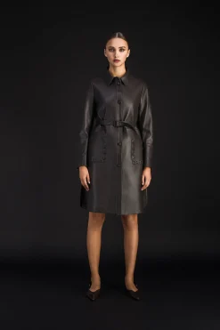 Manteau chemise mi-long en cuir ebene