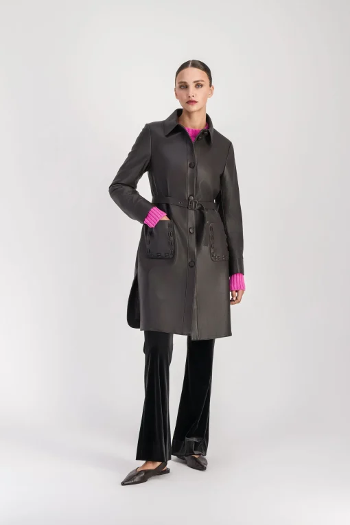 Manteau chemise mi-long en cuir ebene