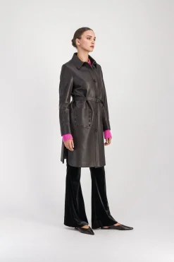 Manteau chemise mi-long en cuir ebene