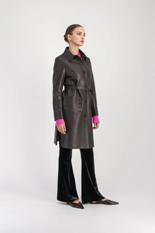 Manteau chemise mi-long en cuir ebene