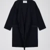 Manteau croisé en double face crêpe avec franges en daim