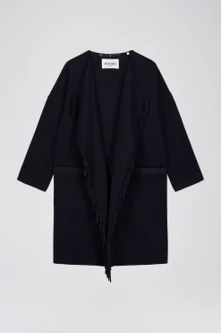 Manteau croisé en double face crêpe avec franges en daim